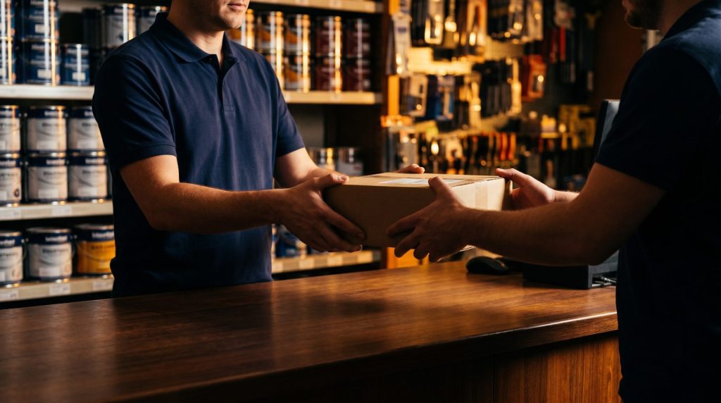 WPL Trading staff handing a parcel to a customer at the counter